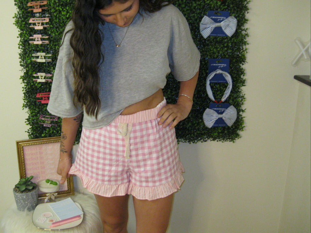 Pink Gingham Print Ruffled Shorts