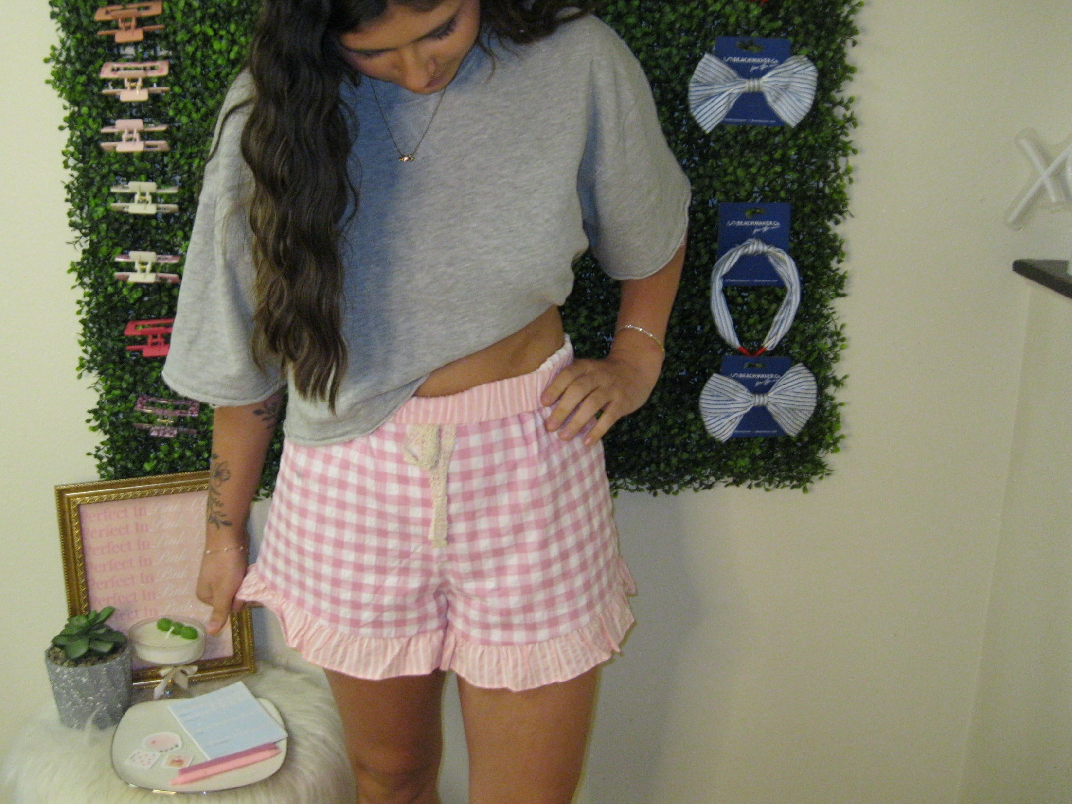 Pink Gingham Print Ruffled Shorts