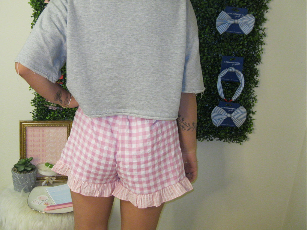 Pink Gingham Print Ruffled Shorts